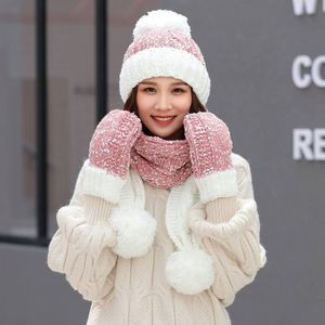 Koreaanse Vrouwen Winter Muts Sjaal Handschoenen 3Pcs Set Grijs Wit Roze Rood Zwart Verdikte Wol Hoeden Sjaals Voor studenten