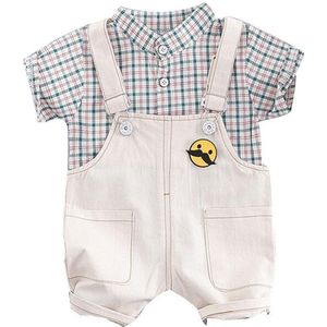 2 Pc Pasgeboren Baby Boy Shirt + Strap Korte Broek Set Peuter Plaid Turn-Down Kraag Tops Pocket Formele outfits Zomer Kleding A40
