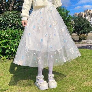 Paardebloem Lovertjes Geborduurd Drie-Layer Rok Hoge Taille Slanke Mid-Lengte Fee Mesh Rok Kawaii Kleding Zoete Lolita rok