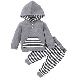 0-24M Baby Jongen Lange Mouwen Broek Pak Grote Pocket Hooded T-shirt En Verse Streep Elastische lange Broek