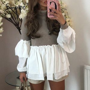 Simplee Casual Herfst Vrouwen Patchwork Blouse Hoge Hals Lange Mouw Kantoor Dame Gebreide Shirt Wit Dubbele Ruche Grote Swing Top