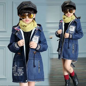 Unisex Jongens Meisjes 4-12 Jaar Hooded Casual Denim Jas Winter Mid-Lange Brieven Dikke Warme Fleece Cowboys windjack Jassen