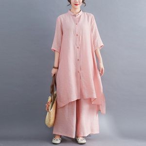 Lente Zomer Vrouwen Sets Elegante Katoen Linnen Losse Lange Blouse Shirts + Vrouwelijke Wijde Pijpen Broek Broek Tweedelige sets 11351