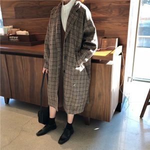 Wol Blends Vrouwen Koreaanse Stijl All-Match Plaid Ulzzang Elegante Losse Pocket Enkele Breasted Lange Womens Kleding Chic Casual