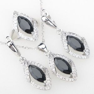 Zwarte Stenen Wit Cubic Zirkoon 925 Sterling Zilveren Bruids Sieraden Sets Voor Vrouwen Oorbellen/Hanger/Ketting/ringen