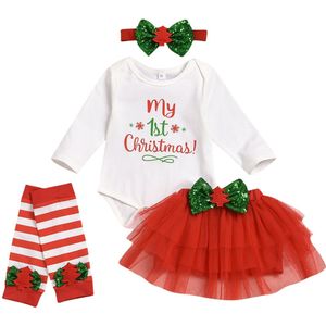 Pasgeboren Baby Meisjes 1st Kerst Outfit Lange Mouw Romper + Tutu Rok + Beenwarmers + Hoofdband 4 Stuks Outfit voor Baby Meisjes Xmas