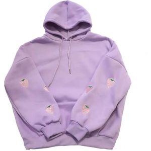 Harajuku Aardbei Borduurwerk Lavendel Wit Sweatshirt Herfst Winter Vrouwen Kawaii Loose Lange Mouwen Tops Oversized Hoodies