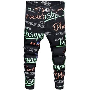 Mannen Afdrukken Jeans Letters 3D Gedrukt Zwarte Stretch Denim Broek Slanke Skinny Broek