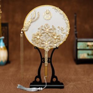 Janevini Chinese Stijl Bruids Ventilator Met Gouden Kwasten Gold Phoenix Parels Oude Bruid Bruiloft Boeket Fan Type Bloemen