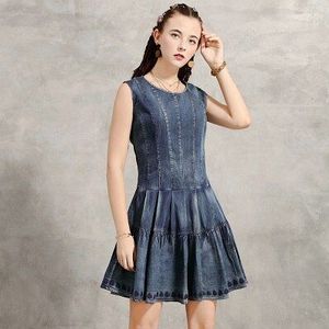 Summer Dress Yuzi.may Boho Denim Women Dresses O-Neck Sleeveless A-Line Vintage Embroidery Vestidos A82197 Vestido