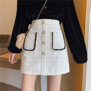 Koreaanse Zakken Office Lady Mini Rokken Hoge Taille Herfst Tweed Rok Vrouwen Parels Plaid Wol Potlood Rokken Vintage X512