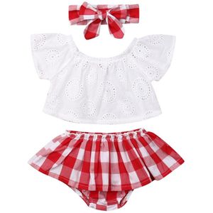 Pasgeboren Baby Meisje Zomer Plaid Kleding Sets 0-24M Wit T Shirts Tops + Ruches Shorts + Hoofdband 3Pcs
