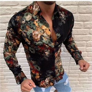 Herfst Man Vintage Shirt Heren Etnische Gedrukt Revers Lange Mouwen Slim Shirts Hawaiiaanse Harajuku Mannen Shirts Chemise Homme