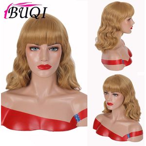 14 ""Korte Bang Womens Pruiken Rockabilly Vintage Pruik Hittebestendige Zwart Roze Gouden Synthetische Golvend Pruik Voor Vrouwen Afrikaanse amerikaanse