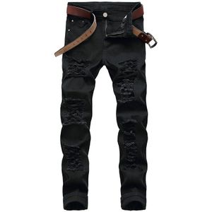 Gersri Mens Ripped Biker Jeans Straight Skinny Met Gaten Verontruste Denim Broek Zwart Blauw Lange Broek Mannelijke Broek