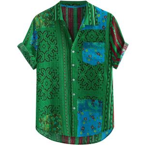 Mannen Shirt Vintage Etnische Gedrukt Turn Down Kraag Korte Mouwen Losse plus size hawaiian shirt 3XL streetwear chemise homme