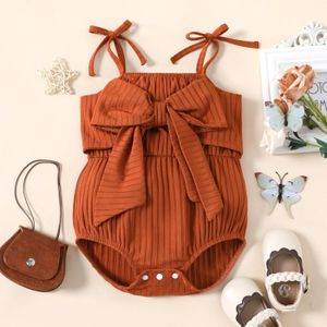 Patpat Baby Meisje Geribbelde Bruin/Witte Vlinder Print Mouwloze Spaghetti Strik Romper