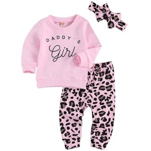 Infant Kids Baby Meisjes 3Pcs Outfit Sets Lange Mouw Brief T-shirt Luipaard Broek Hoofdband Lente Herfst Kleding