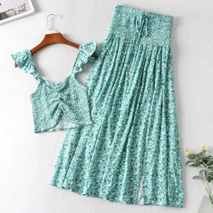 Boho Geïnspireerd 2 Delige Set Jurk Voor Vrouwen Ruffle Bandjes Lange Boho Jurk Slit Side Zomer Jurk Elastische Wiast Katoen leuke Jurk