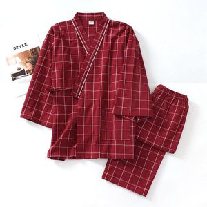 Plus Size Xl Japanse Pyjama Sets Heren Plaid Pijamas Mannelijke 100% Katoen Spa Robe Sets Voor Mannelijke Boxer Kimono Gewaden mannen Hombre