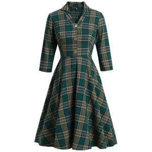 Tonval Groene Plaid Elegante V-hals Button Front Vintage Winter Jurk Vrouwen 3/4 Lengte Mouw Party Robe Midi Jurken