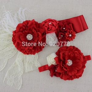 2 stks een set rode en witte bloem meisje sash Bijpassende hoofdband lint sjerp riem meisje bloem sash kids accessoires