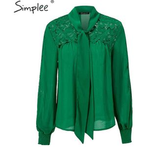 Simplee Casual Borduren Lange Mouw Vrouwen Blouse Zomer Lente Hollow Out Neck Tie Blouse Shirt Elegante Losse Vrouwelijke Effen Top