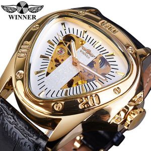 Winnaar Gouden mannen Mechanische Sport Horloge Mannelijke Automatische Cobra Driehoek Wijzerplaat Lederen Band Horloges Relogio Masculino Reloj Klok
