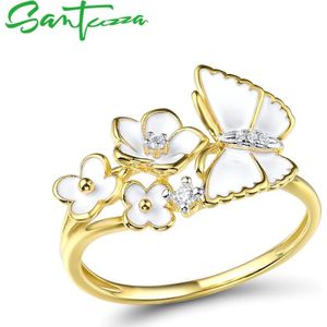 Santuzza Zilveren Ringen Voor Vrouwen Echt 925 Sterling Zilveren Delicate Witte Bloem Vlinder Trendy Fijne Sieraden Handgemaakte Emaille