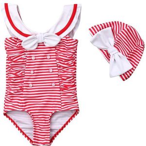 Pasgeboren Baby Meisjes Streep Bikini Badmode Badpak Beachwear Cap Kostuum Een Stuk Badpakken