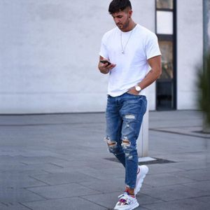 Mode Toevallige Plus Size Mannen Jeans Solid Slim Enkellange Denim Broek Gat Enkellange Streetwear