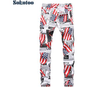 Sokotoo mannen Amerikaanse vlag papier letters gedrukt jeans Mode wit lichtgewicht denim slanke broek