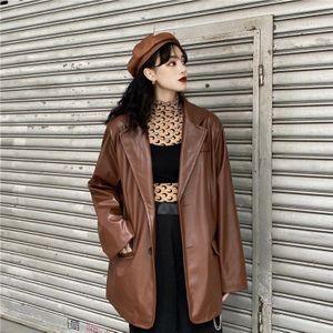Koreaanse Zwart Lederen Moto Jas Vintage Warme Vrouwelijke Losse Lange Mouw Pak Blazers Streetwear Vrouwen Lente Jas