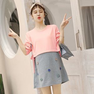 8891 # Herfst Patchwork Katoen Moederschap Shirts Lange Mouw Losse Kleding Voor Zwangere Vrouwen Lente Zwangerschap Casual Tops