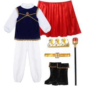 Kids Jongens Middeleeuwse Prins Kostuum Tops Met Broek Riem Mantel Scepter Schoen Covers Set Kinderen Halloween Cosplay Party Dress Up