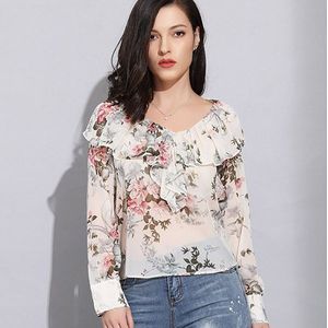 Vintage Chiffon Ruches Blouse Elegante Bloemen Top V-hals Dames Blouses Voor Vrouwen Kantoor Vrouwen Blouses Lange Mouwen Casual