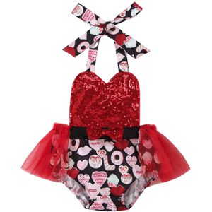 Emmababy Valentijnsdag 3-24M Peuter Baby Meisje Rode Jurk-Stijl Hart Print Mesh Sequin halter Bodysuit Mouwloze Lente