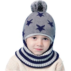 Peuter Kid Knit Hood Hoeden Cartoon Vijf-sterren Fleece Voering Sjaal Oorklep Skull Cover Een Stuk Caps Winter warme Baby Boy
