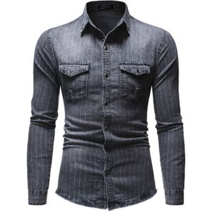 Denim Shirt Mannen Toevallige Gestreepte Panel Button Down Turn-Down Kraag Denim Shirts Met Zakken Shirt Camisa Masculina