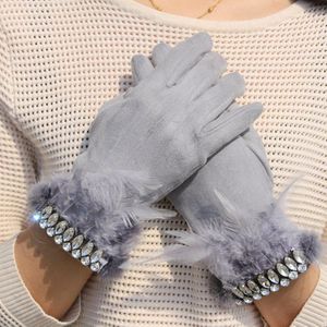 Vrouwen Handschoenen Winter Mode Veer Kristal Elegante Handschoenen Zwart Guede Handschoenen Touch Screen Vrouwelijke Wanten Vrouw Handschoenen Luva