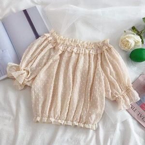 Japanse Lolita Zoete Shirt Zacht Meisje Korte Mouwen Verstoorde Off-De-Schouder Lolita Chiffon Overhemd Dieptepunt Shirt top Cos Loli
