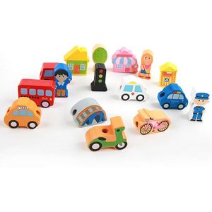 Kinderen Vroege Onderwijs Kleurrijke Houten Verkeer Stad Blokken Speelgoed Voor Baby Baby Rijgen Kralen Educatief Speelgoed Kinderen