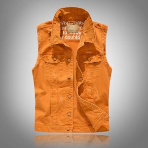 Laamei Mannen Punk Denim Vest Herfst Mens Oranje Vintage Denim Jeans Vest Mannelijke Mouwloze Jassen Mannen Klinknagel Gat Jeans vesten