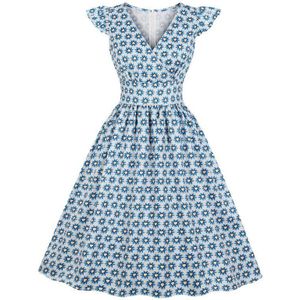 Tonval Blue Print Hoge Taille V-hals Pinup Jurk Fit en Flare Cap Mouw Zomer Jurk Vrouwen Vintage Geplooide Midi jurken