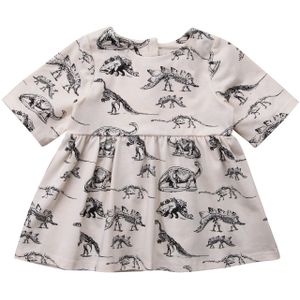 Eenhoorn Kinderen Meisje Jurk Dier Half Mouw Dinosaurus Jurk Outfits Beige-A Gevoerd Jurk