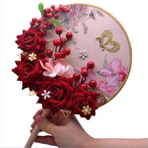 JaneVini Unieke Fan Type Chinese Stijl Wdding Boeketten Sieraden Bridal Bloemen Kunstmatige Zijden Rode Roos Bruiloft Accessoires
