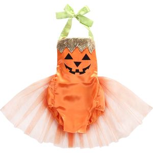 Pasgeboren Baby Baby Meisjes Halloween Jumpsuit Kant Halter Pompoen Romper Kostuum Outfit