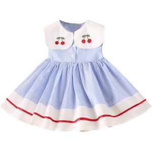 Peuter Kids Baby Meisjes Kleding Mouwloze Streep Party Prinses Jurken Meisjes Pop Kraag Cherry Geborduurde Gestreepte Jurk