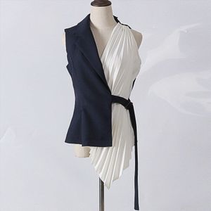 [Eam] Vrouwen Blauw Contrast Kleur Geplooide Asymmetrische Loose Fit Vest V-Kraag Mouwloze Mode Lente Herfst YC311