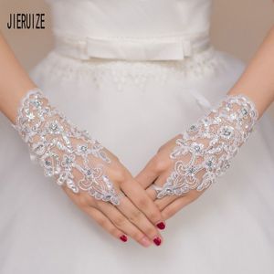 Jieruize Gorgeous Bridal Handschoenen Crystal Rhinestone Rood Wit Korte Kant Bruiloft Handschoenen Bruiloft Accessoires